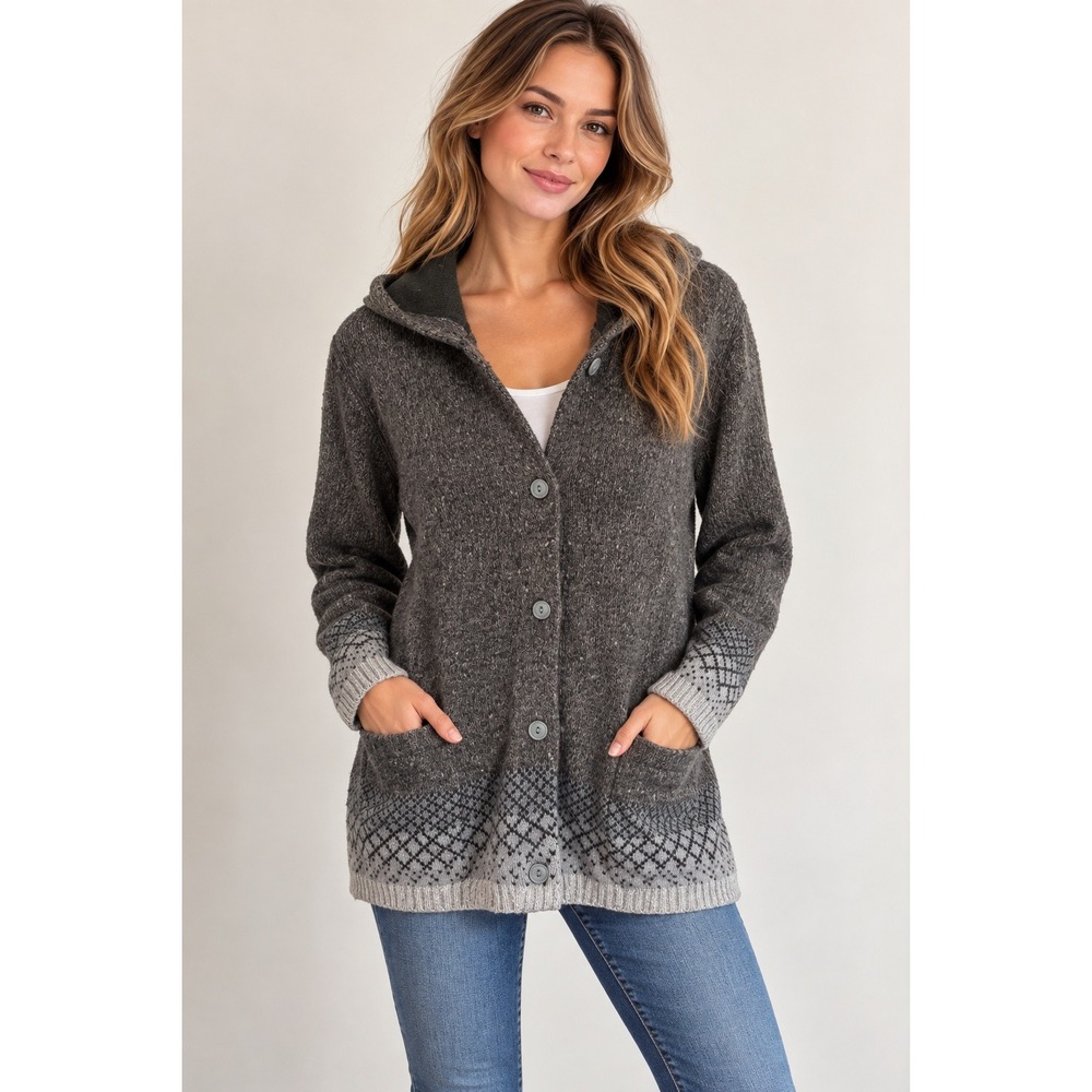 Woolrich Cardigan Women Medium Grey Gorpcore Fair Isle Hooded Button Up Sweater